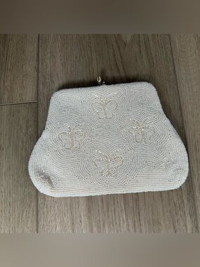 Vintage White Beaded Clutch with Butterfly Design